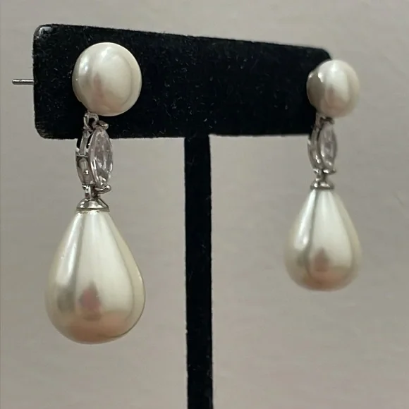 Faux Pearl and Cubic Zirconia Silver Tone Drop Earrings - Picture 2 of 10